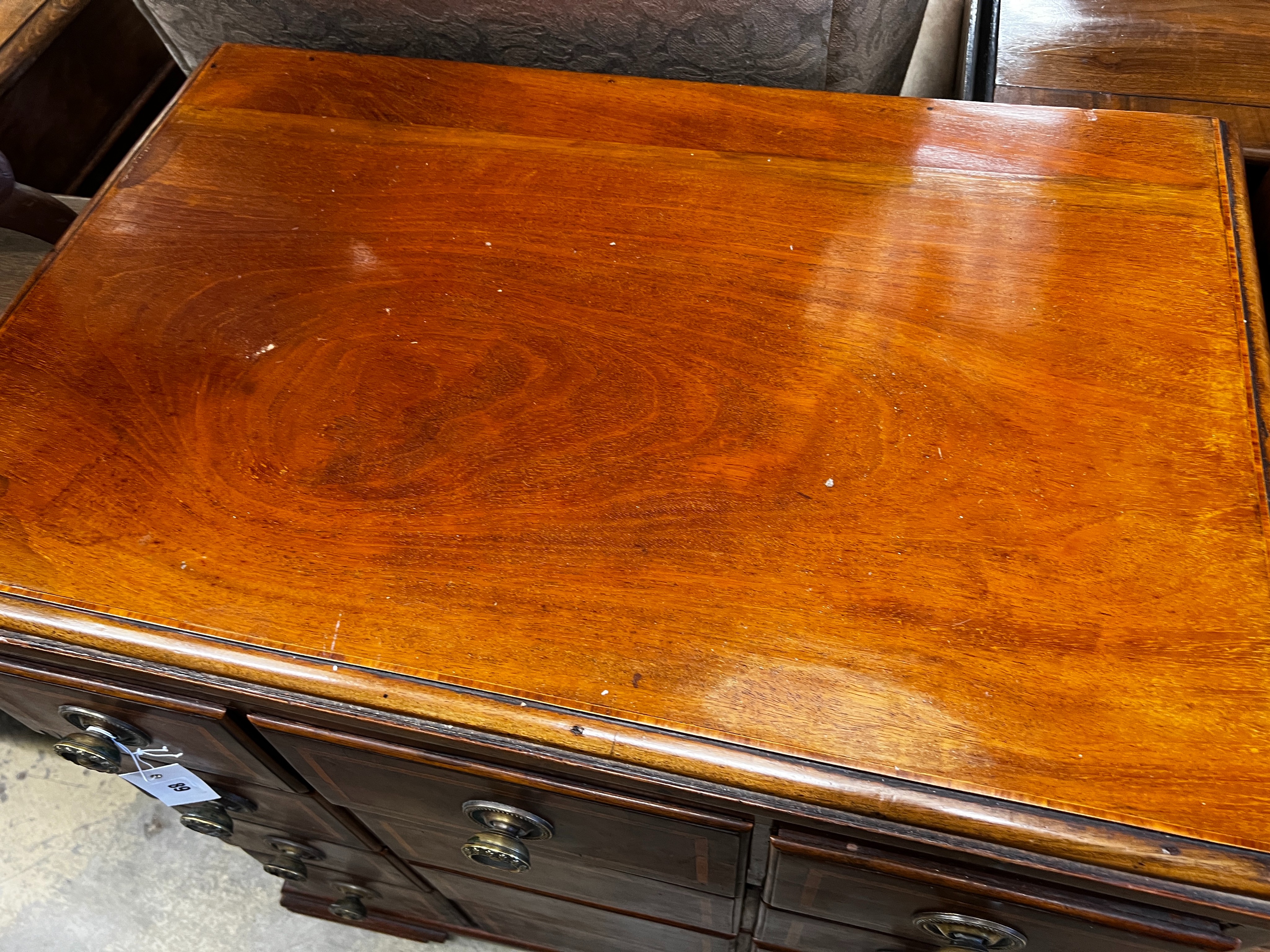 A small George III style satinwood banded mahogany six drawer chest, width 73cm, depth 47cm, height 80cm